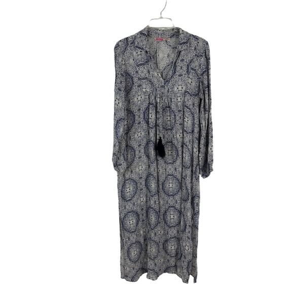 Indiska Boho Maxi Dress Kaftan Style Tassels Blue Paisley M 100% Viscose - Picture 1 of 7